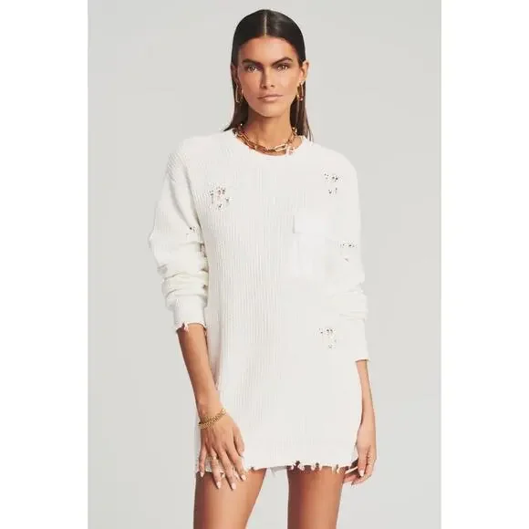 NWT SEROYA Retrofete White Distressed Knit Devin Sweater Oversized Size XS - Picture 1 of 10